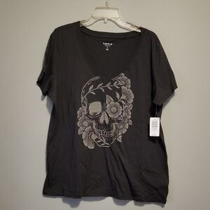 torrid Black V-Neck Tee with Floral Skull Graphic